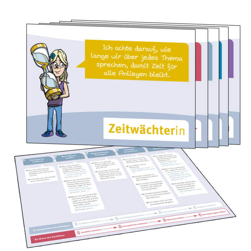 Mitmach-Set zum Klassenrat: Die Rollenkarten für den Vorsitzenden, die Zeitwächterin, den Regelwächter, den Protokollant und das Ratsmitglied